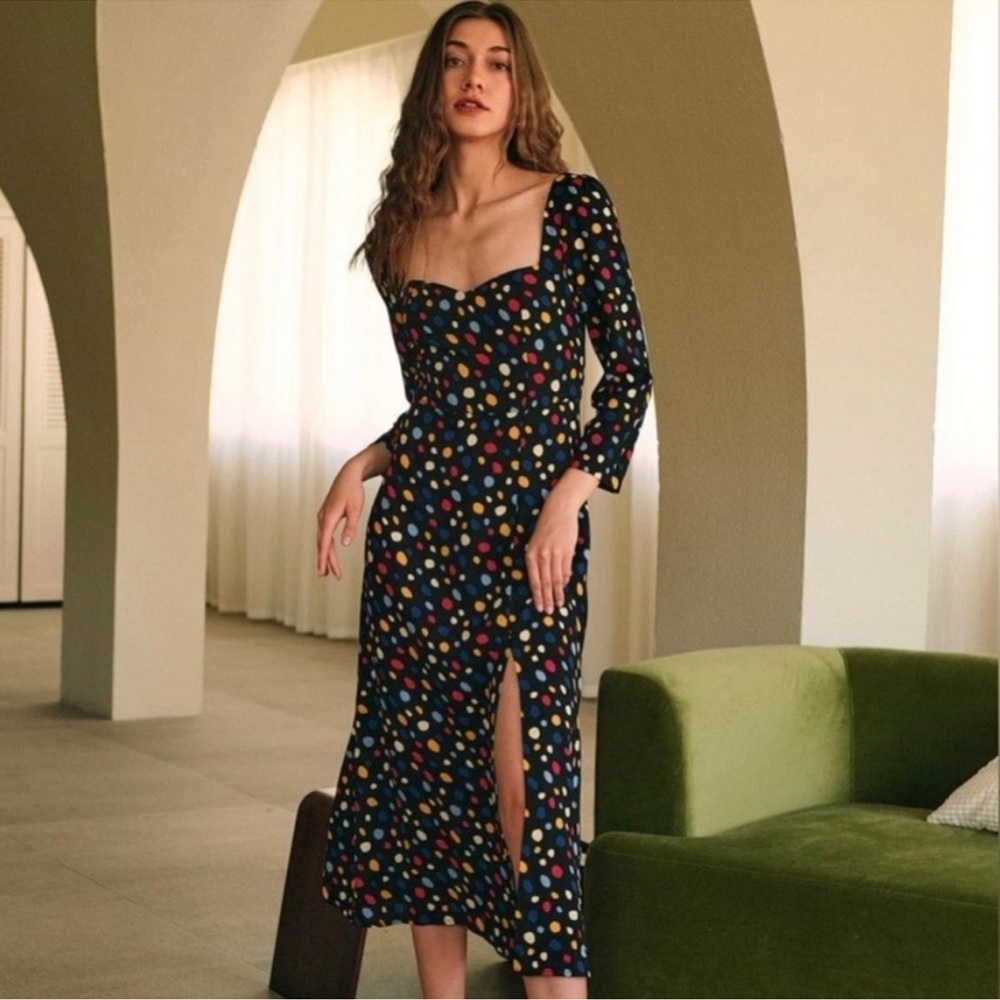 Reformation Mabille Polka Dot Dress V-Neck Long Sleeves